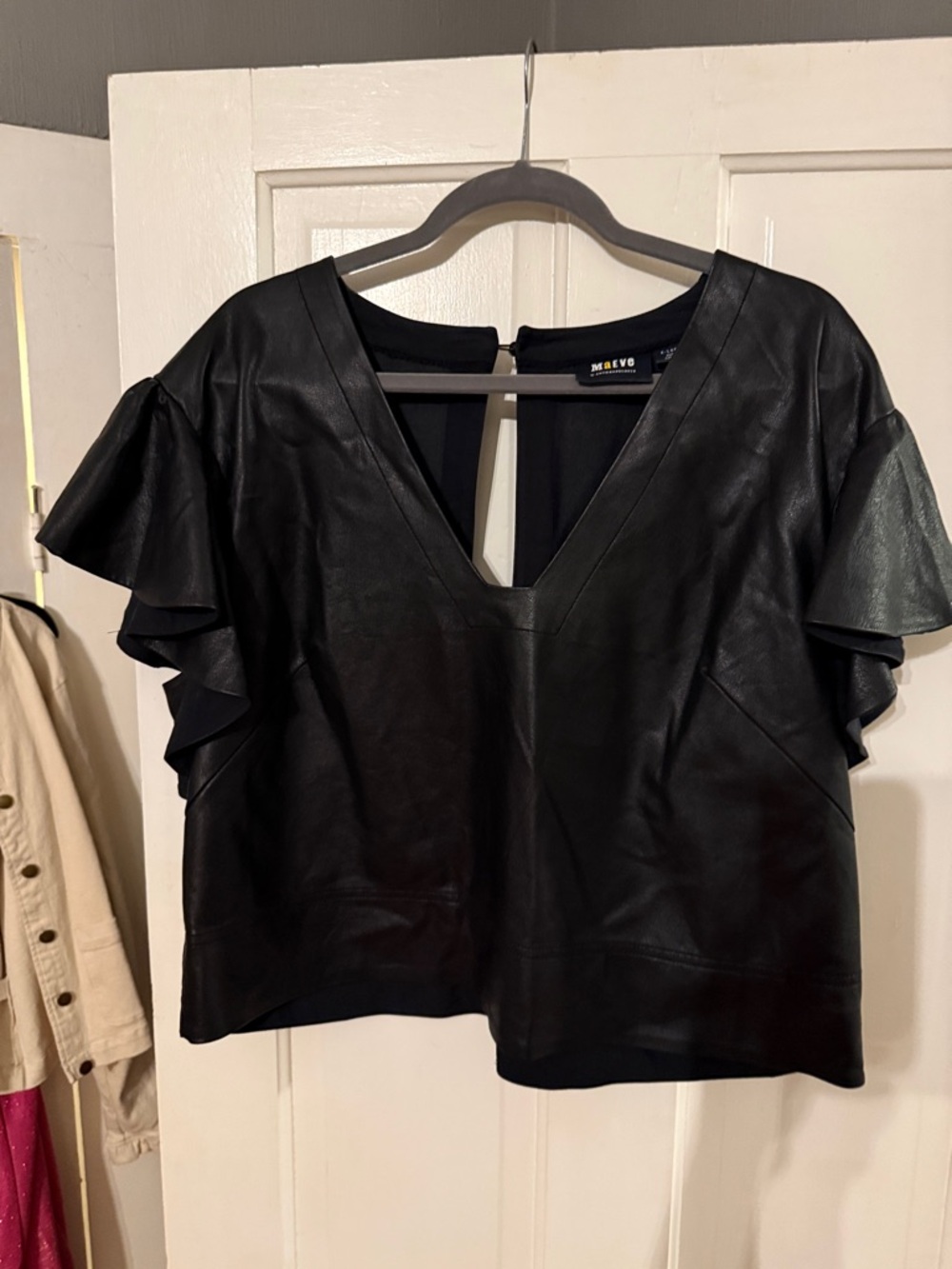 Maeve Black Faux Leather V-Neck Ruffle Sleeve Blouse